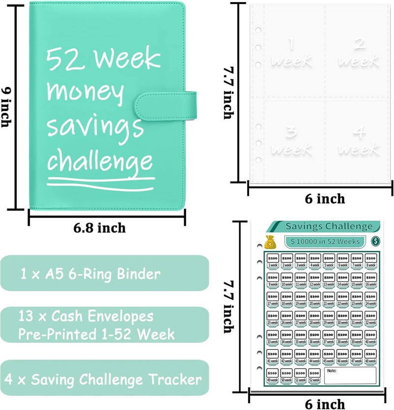 Antner 52 Week Savings Challenge Binder with Cash Envelopes, A5 Budget Binder Savings Challenges Book with 4 Savings Challenges Tracker to Save $5,200 and $2,600 and $10,000 and DIY, Light Green - Image 3
